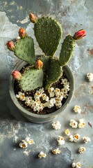 A bold fusion of organic and artificial, where a spiky cactus sits atop a popcorn-filled pot, highlighting innovation in surrealist food styling.
