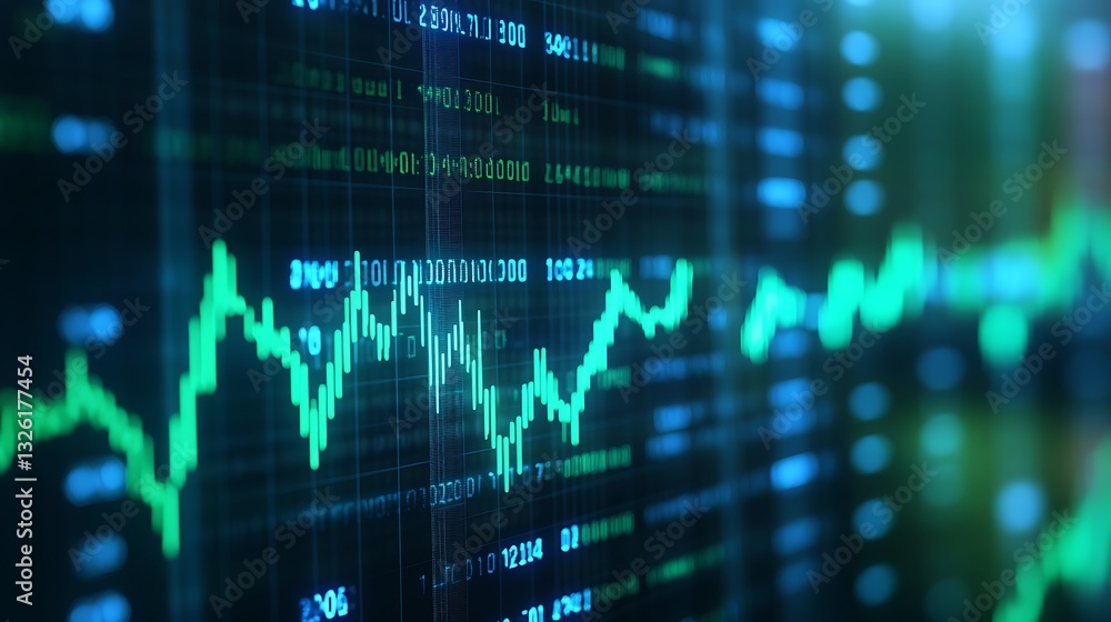 Poster abstract financial data display with green line graphs and candlestick charts on a dark background