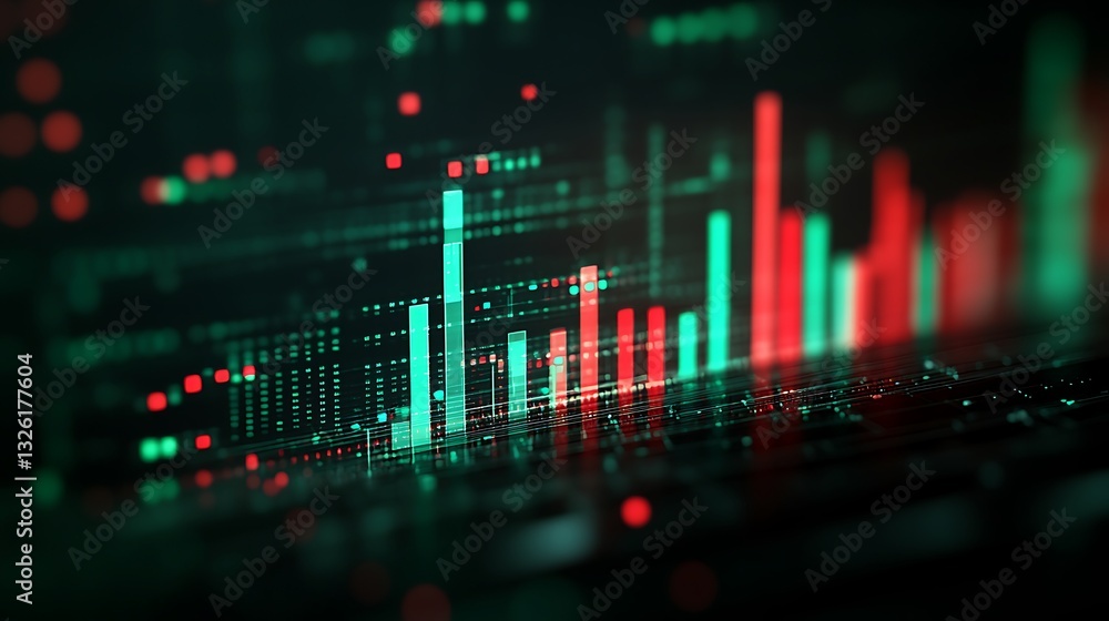 Poster abstract financial data visualization with colorful 3d bar charts and graphs on dark background