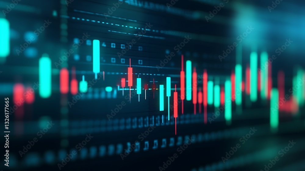 Poster abstract financial data visualization with colorful candlestick chart and trading indicators on digi