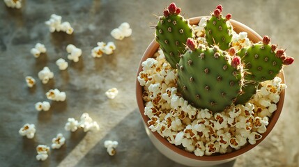 Innovative textures collide, as a prickly pear cactus grows from a bed of scattered popcorn, forming a bold, experimental visual scene.