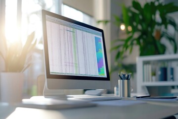 Fototapeta premium A computer monitor sitting on a modern desk with clean lines and minimal decor, suitable for use in office settings or as a background image