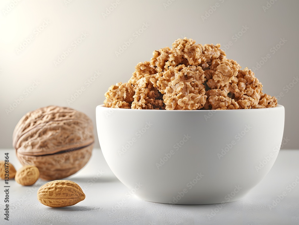 Poster nut-free bowl of cereal and nuts on a table surrounded by natural light creating a realistic and inv