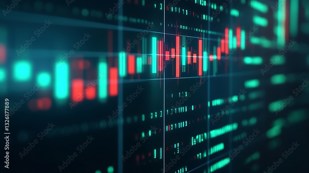 Poster abstract financial data visualization with colorful candlestick chart on dark background