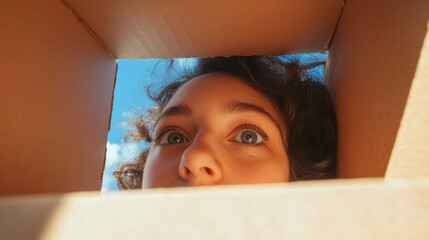 Curious woman looking through cardboard box against blue sky