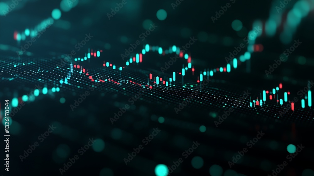 Poster abstract financial data visualization with colorful candlestick graphs and chart elements in digital