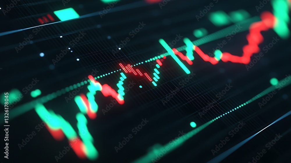 Poster abstract financial data visualization with colorful charts representing stock market trends and fluc