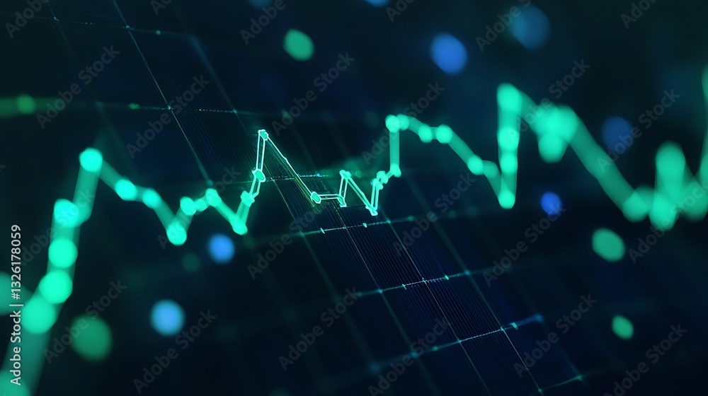 Poster abstract financial data visualization with colorful graph lines and dots in dark background