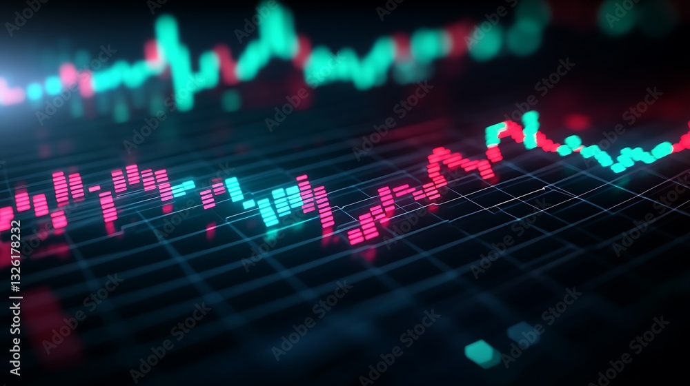 Poster abstract financial data visualization with colorful graphs and trend lines on dark background