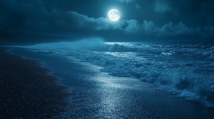 Majestic Full Moon Casting Silver Light on Ocean Waves Creating a Tranquil Nighttime Seascape Scene