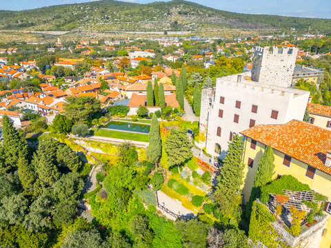 Duino, Italy - September 21, 2024: Beautiful Duino castle. Inner garden view from above 