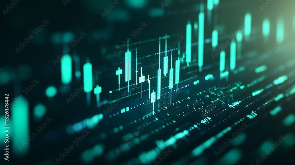 Poster abstract financial data visualization with glowing green candlestick charts and dynamic light effect