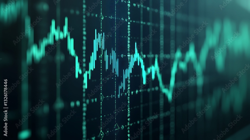 Poster abstract financial data visualization with dynamic graphs and charts representing market trends and 