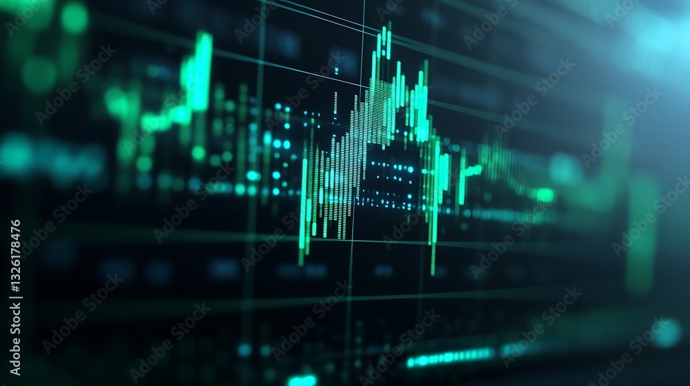 Poster abstract financial data visualization with glowing green chart and futuristic digital background.