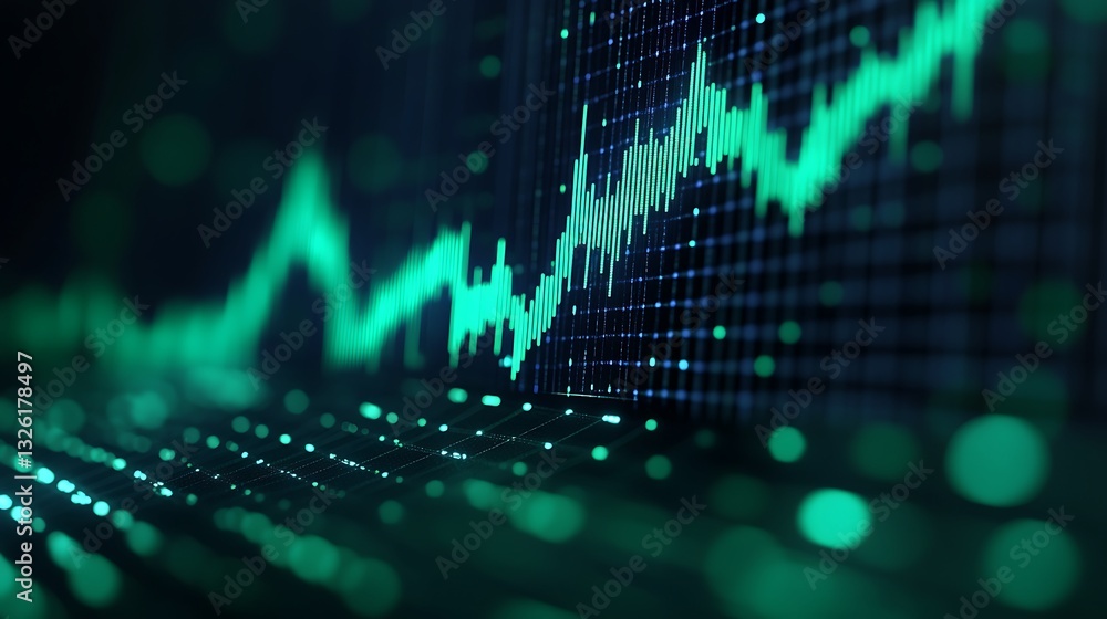 Poster abstract financial data visualization with graphs and green light effects on dark background