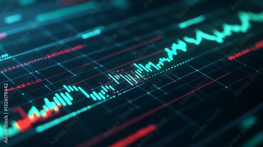 Poster abstract financial data visualization with green and red lines on dark background in a modern style