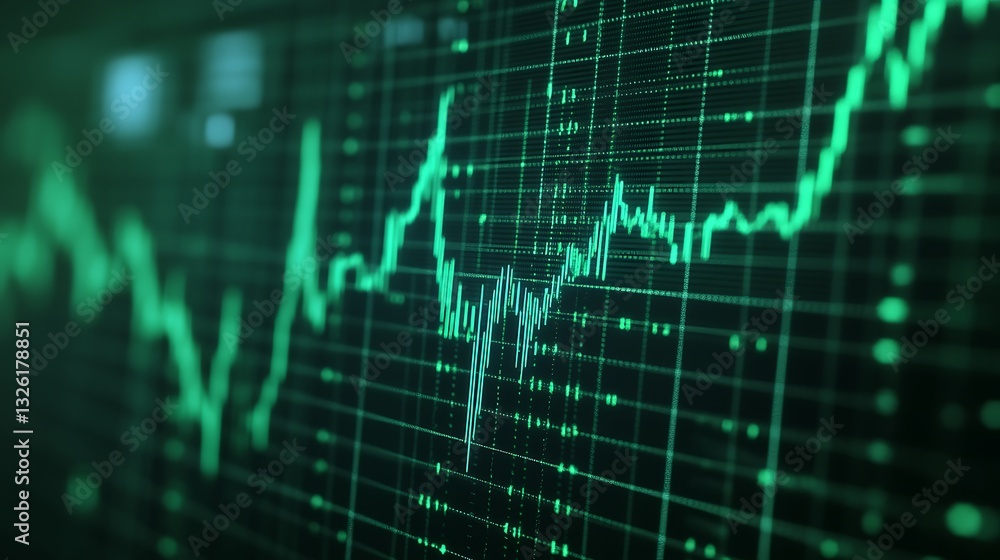 Poster abstract financial data visualization with green graph lines on dark background for stock market ana