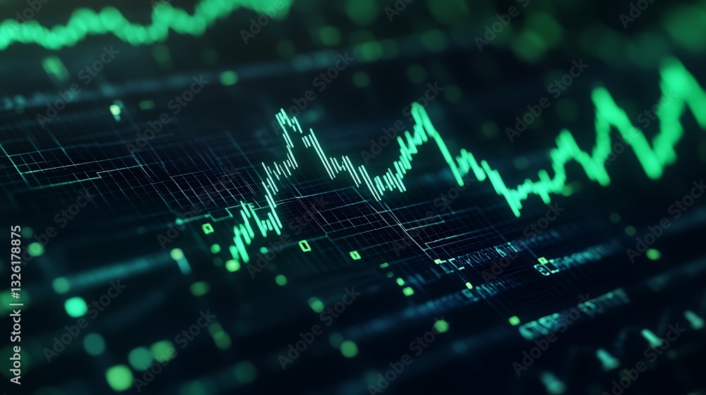Poster abstract financial data visualization with green graph lines on dark background