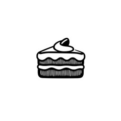 A minimalist, monochrome illustration of a layered cake slice with a swirl of cream atop, isolated on white background.