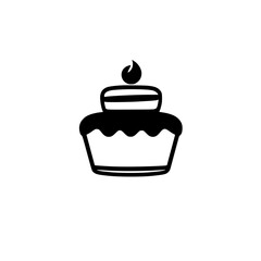 Minimalist Black and White Illustration of a Two-Tiered Cake with a Candle on a Solid White Background, Simple and Festive.
