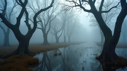 A foggy swamp with ancient gnarled trees, their twisted branches vanishing into the thick mist, eerie reflections shimmering on the dark, still water.