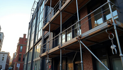 Fototapeta premium Scaffolding setup against urban building at dusk, construction progress