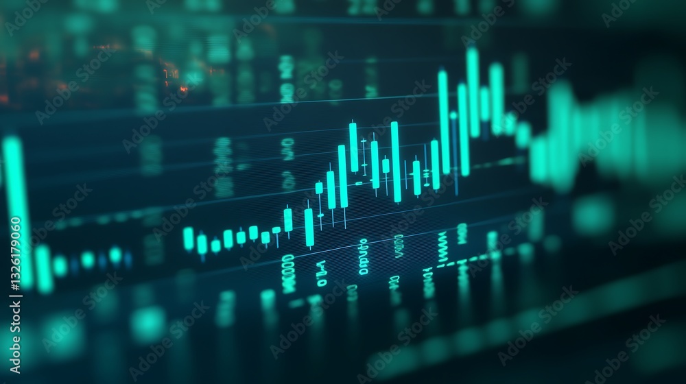 Poster abstract financial data visualization with line graph and bar chart in shades of green and blue