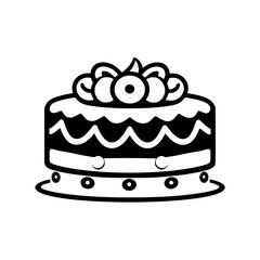 Black and white vector illustration of a round, layered cake with wavy frosting and ornate topping, sitting on a decorated plate.