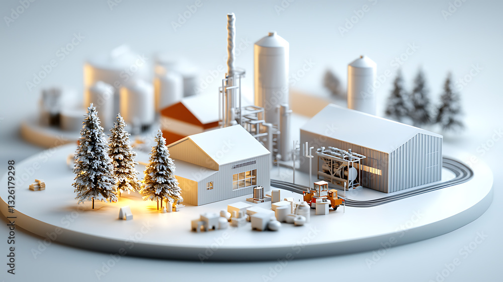 Poster industrial model displaying factory operations winter setting 3d rendering snowy landscape aerial vi