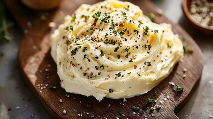 A handcrafted butter board, featuring smooth, rich butter, seasoned with sea salt, cracked pepper, and fresh greens, perfect for a gourmet table setting.