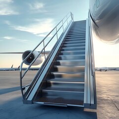 Fototapeta premium Modern passenger boarding stairs, metallic finish, aircraft entry , ramp, metal ,