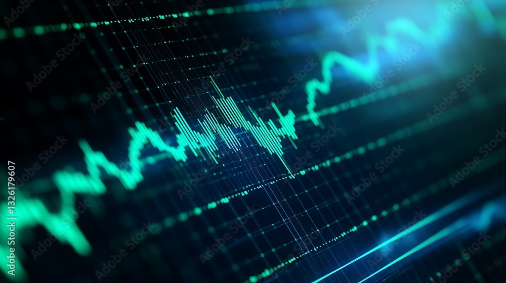 Poster abstract financial graph with fluctuating lines and digital data representation in green and blue to