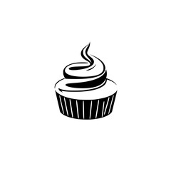 Minimalist Black and White Graphic of a Cupcake with Swirled Frosting, Isolated on a White Background.