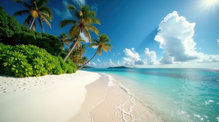 A serene tropical beach with pristine white sand, lush palm trees swaying gently under a clear azure sky, and turquoise waves lapping at the shore in stunning high-resolution detail.