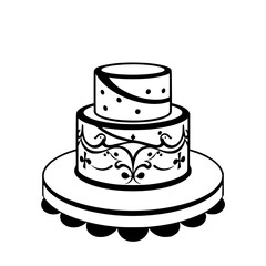 Elegant two-tiered cake with ornate black detailing, polka dots, and intricate floral-inspired patterns on a scalloped cake stand, isolated on white.