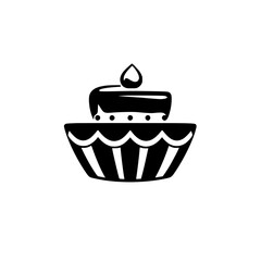 Minimalist Black and White Illustration of a Two-Tiered Cake with a Singular Droplet Ornament on Top Against a White Background.