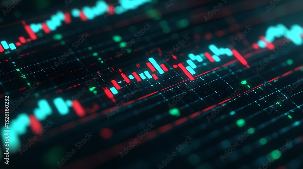 Poster abstract financial trading chart with colorful candlestick patterns and digital data visualizations