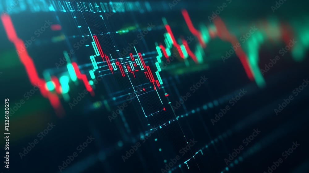 Poster abstract financial trading chart with colorful lines and data points on dark background for market a