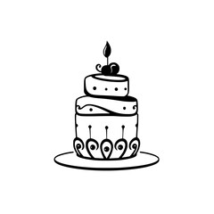 Detailed Black and White Illustration of a Three-Tiered Cake with a Lit Candle, Cherries, and Ornamental Details, Isolated on White.