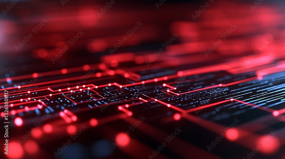 Poster abstract futuristic digital background with glowing red lines and nodes representing data transmissi