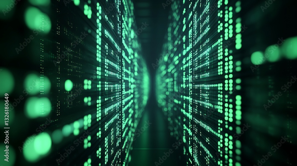 Poster abstract futuristic digital corridor with glowing green data streams creating a technology-inspired 