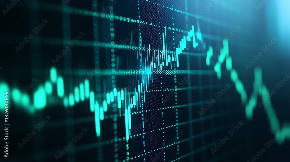 Poster abstract graph data visualization with blue and green lines on dark background for finance and techn