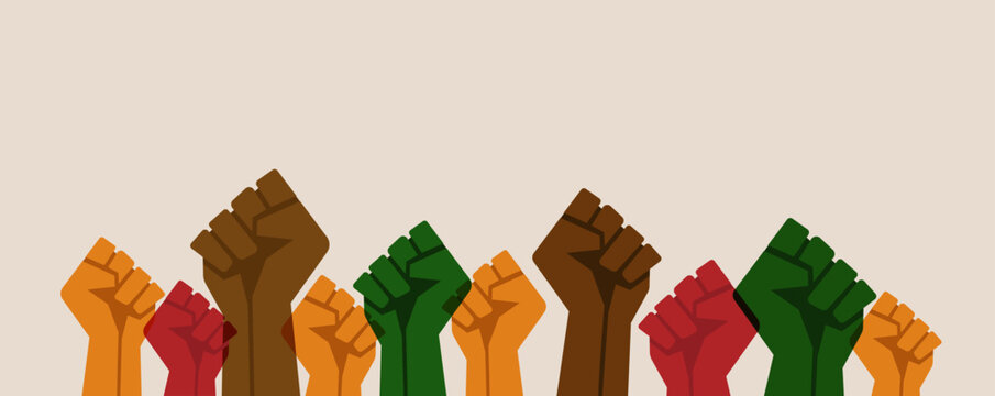 Multiethnic fists. Multiple hands raised with closed fists symbolizing black lives. Vector illustration.