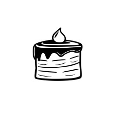 Minimalist black and white illustration of a layered cake with chocolate ganache and a creamy dollop topping, set against a clean white background.