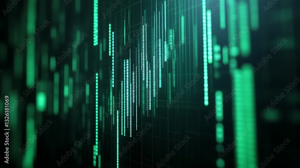 Poster abstract green data visualization with lines and graphs representing technology and financial analys