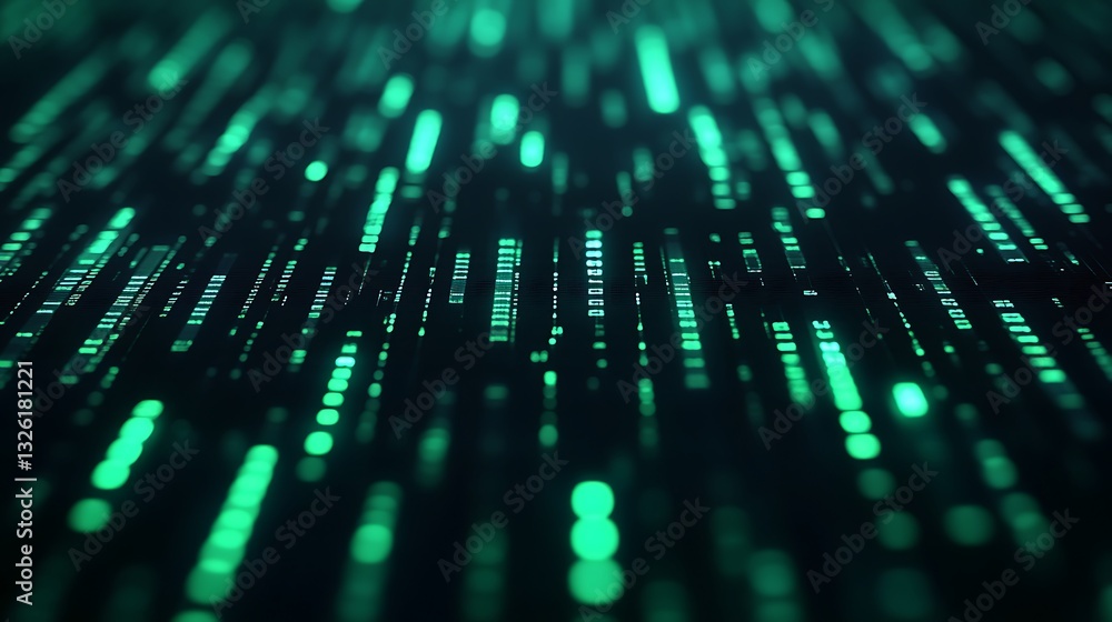 Poster abstract green digital data stream with blurred vertical lines and glowing dots in technology backgr