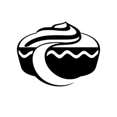 Stylized Black and White Dessert Illustration: A Cupcake with Swirled Frosting and Decorative Waves, Isolated on White.