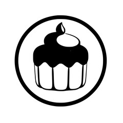 A minimalist monochrome cupcake illustration, featuring dark chocolate frosting, encircled by a thick black ring on a clean white backdrop.