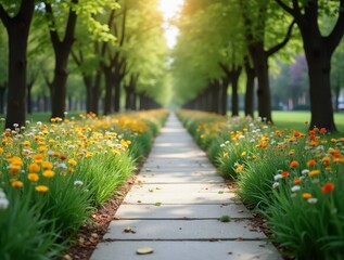Fototapeta premium Pathway covered by sunlight between blooming flowerbeds in city park