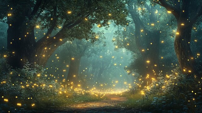 Enchanting Forest Scene with Glowing Fireflies Dancing Among the Trees in a Magical Evening Atmosphere